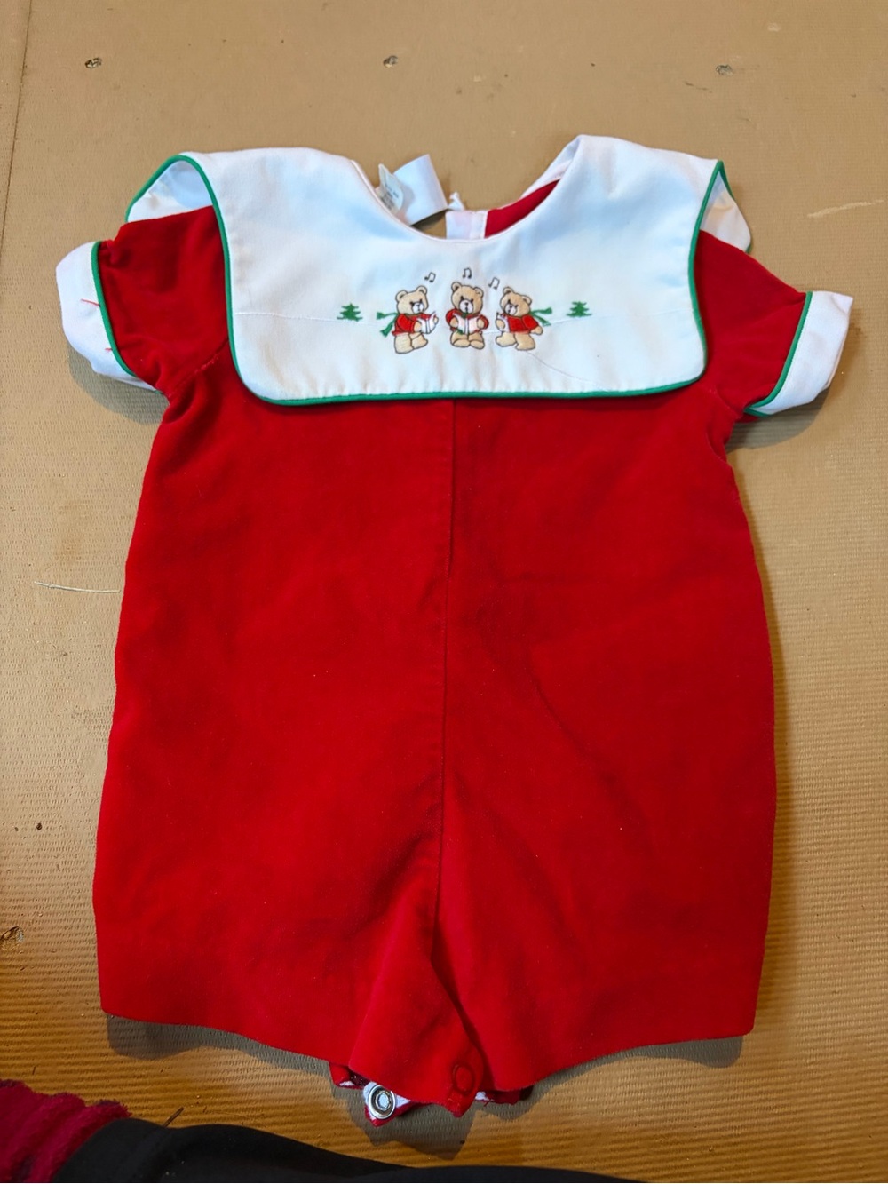 Vintage Red Baby Shortall with White Peter Pan Collar and Holiday Embroidery